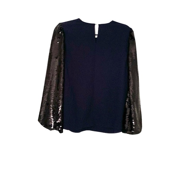NWT J Crew Small Elegant Navy Blue Keyhole Party Top with Black Sequin Sleeves - Picture 1 of 8